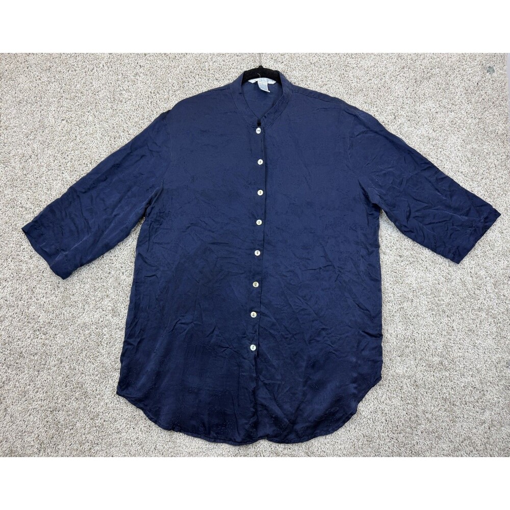 August Silk Intimates Women's L Navy 100% Silk Jacquard Button Blouse Tunic